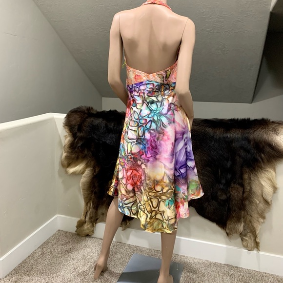 New Floral-Print Satin Halter Beaded Party Dress with Shawl - Picture 4 of 15